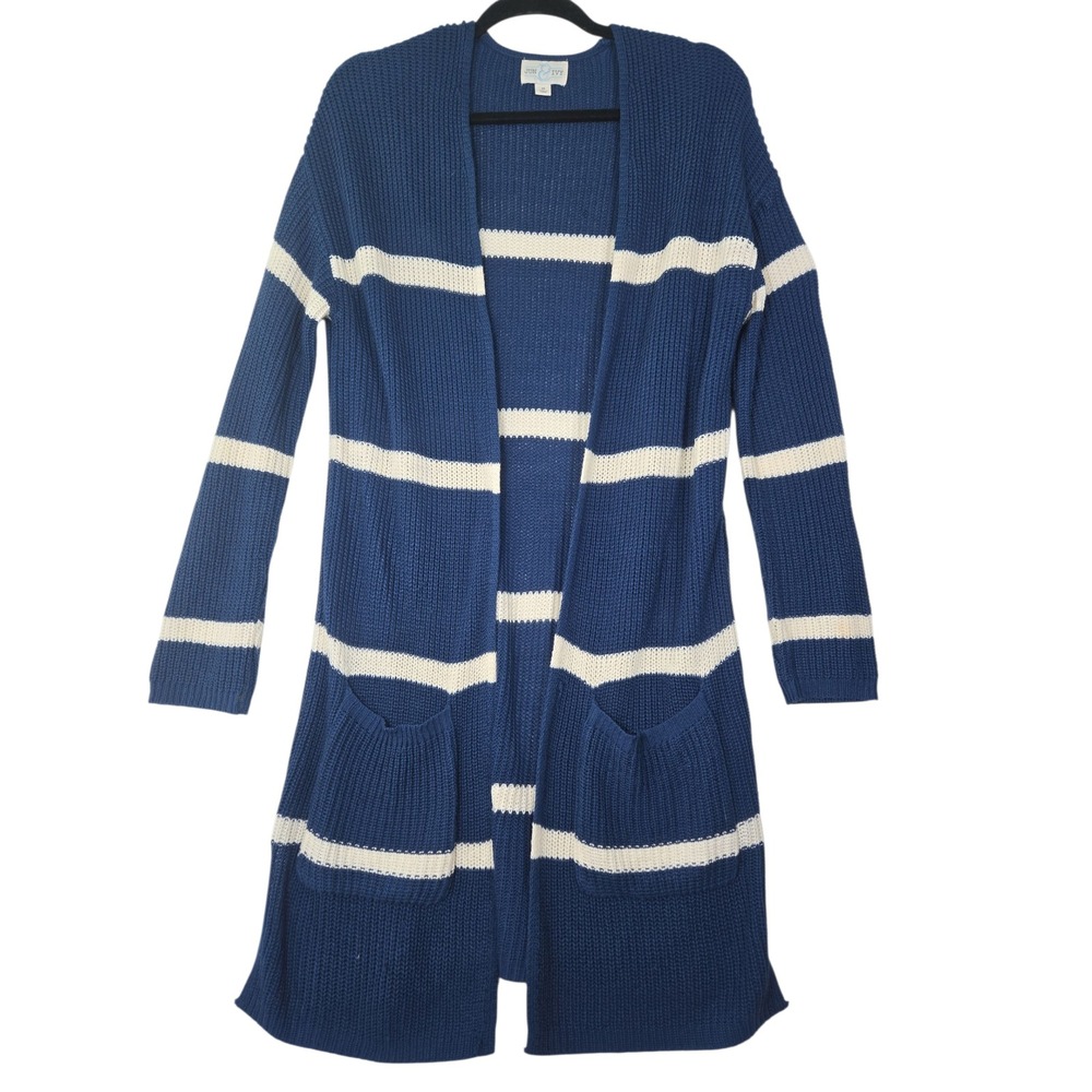 Jun & Ivy Womens M Blue Striped Knit Cardigan Open Front Coastal Preppy Boho